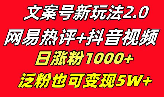 文案号新玩法 网易热评+抖音文案 一天涨粉1000+ 多种变现模式 泛粉也可变现-即时风口网