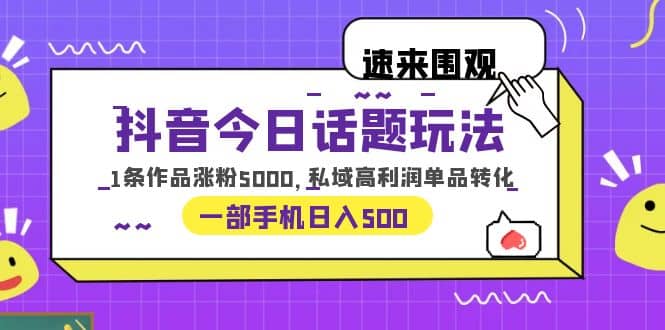 抖音今日话题玩法，1条作品涨粉5000，私域高利润单品转化 一部手机日入500-即时风口网