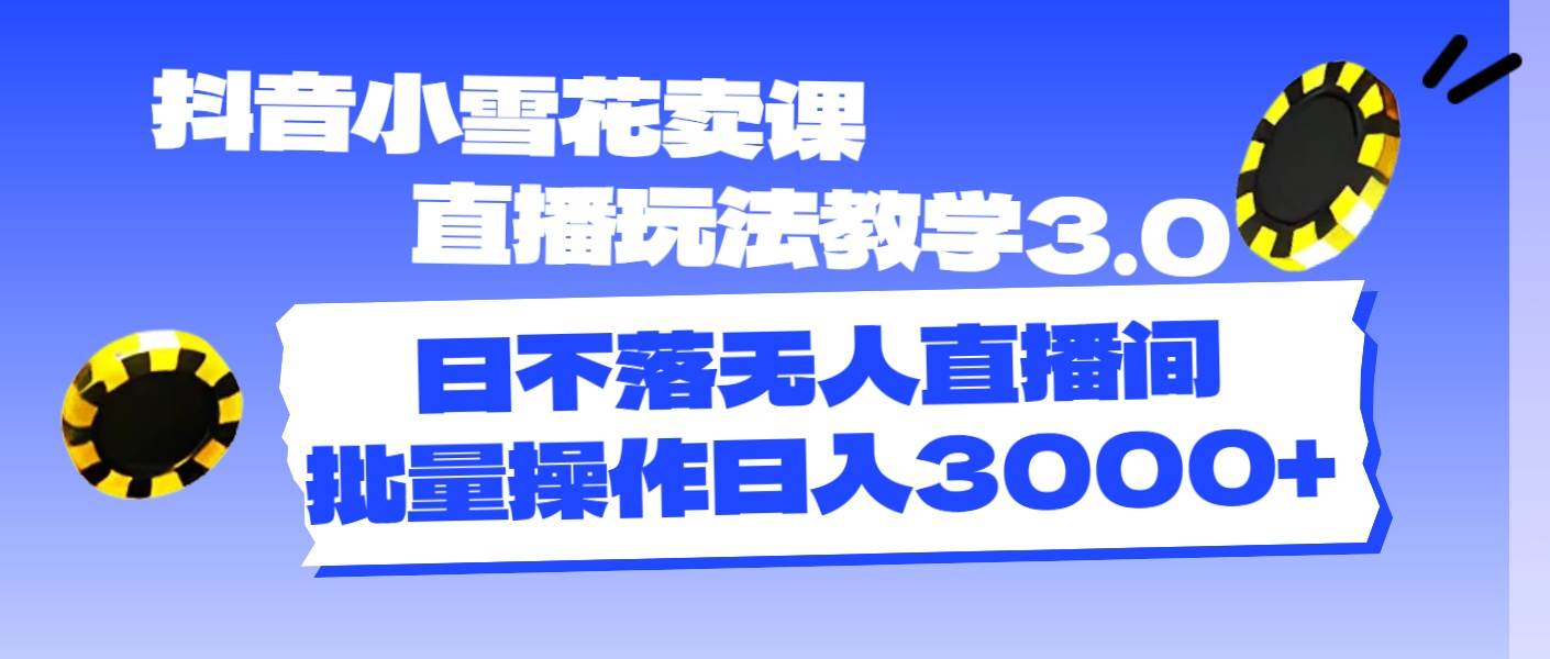 抖音小雪花卖课直播玩法教学3.0，日不落无人直播间，批量操作日入3000+-即时风口网