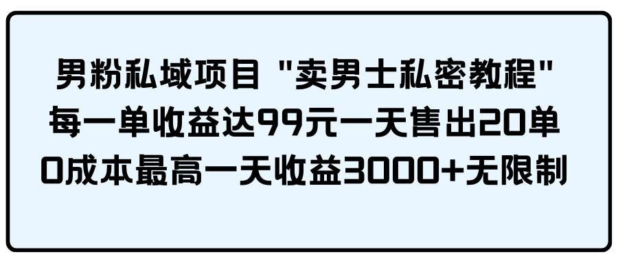 男粉私域项目 卖男士私密教程 每一单收益达99元一天售出20单-即时风口网