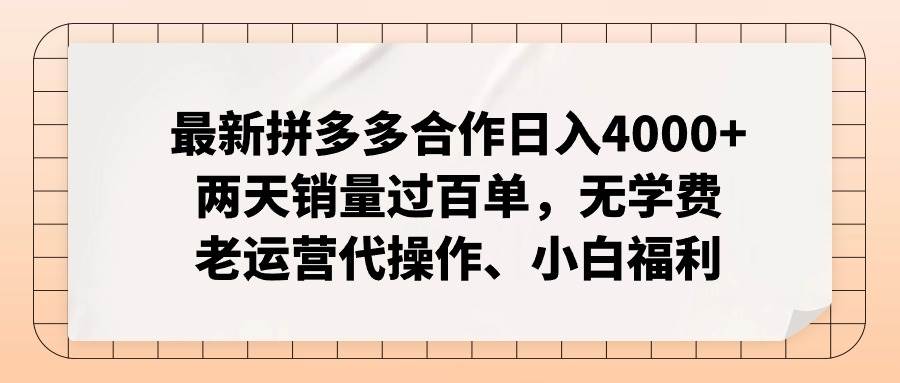 最新拼多多合作日入4000+两天销量过百单，无学费、老运营代操作、小白福利-即时风口网